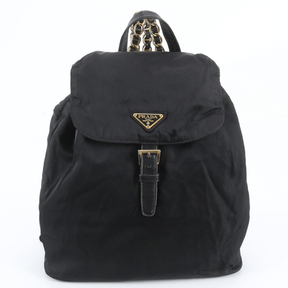 Prada Tessuto Nylon Triangle Logo Chain Leather Backpack, Black, Women's